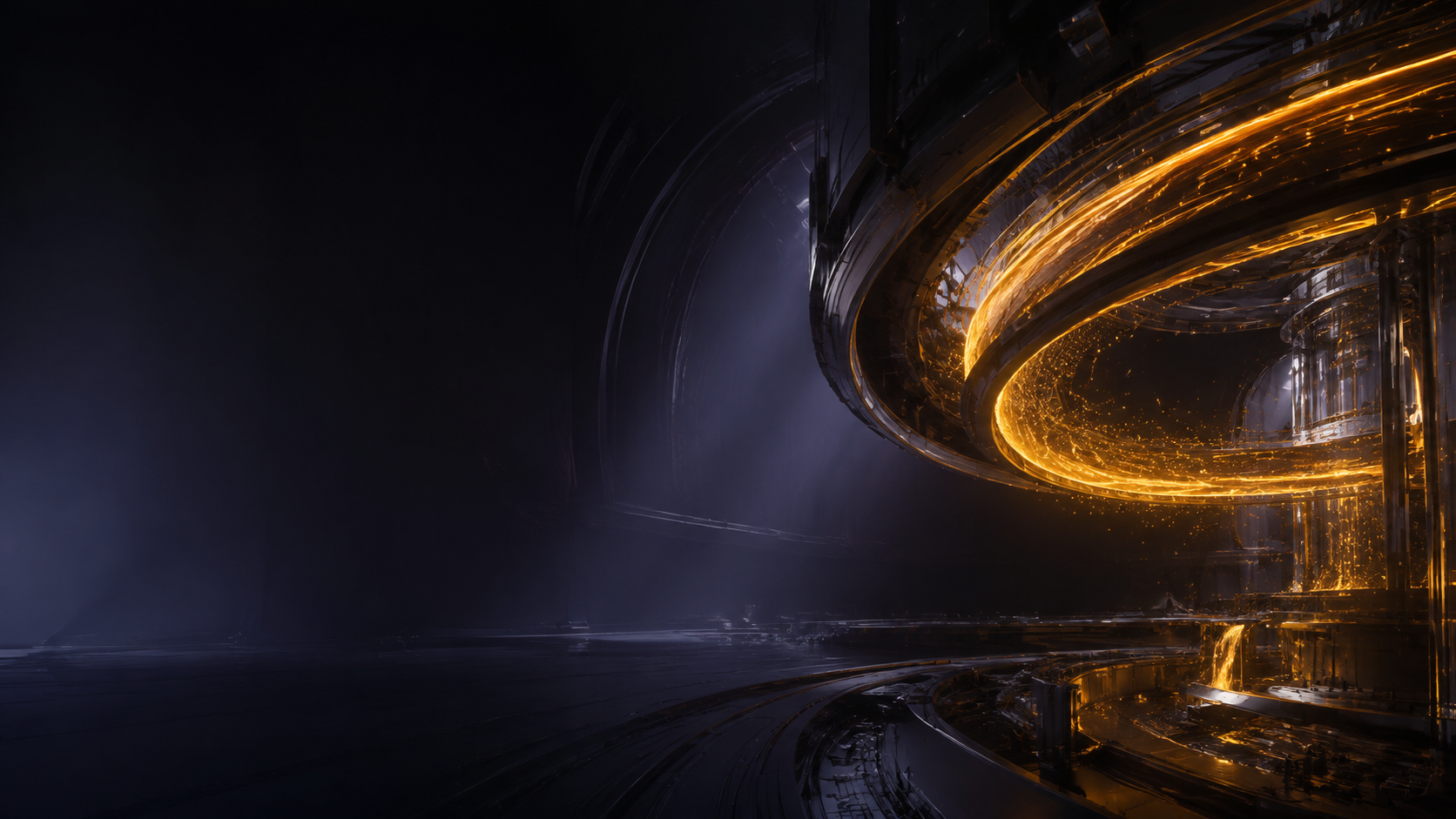 A luminous fusion-scale energy structure emerging from a dark industrial landscape